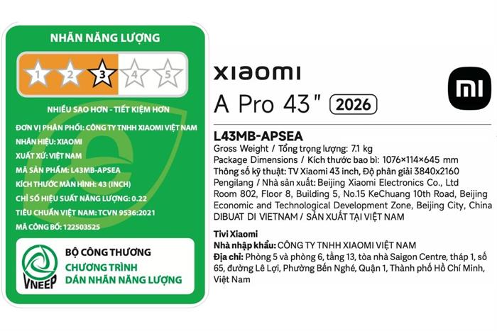 Google Tivi QLED Xiaomi 4K A Pro 43 inch L43MB-APSEA 2026